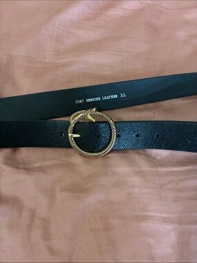 Genuine Leather Black Women’s Belt with Gold Snake Buckle